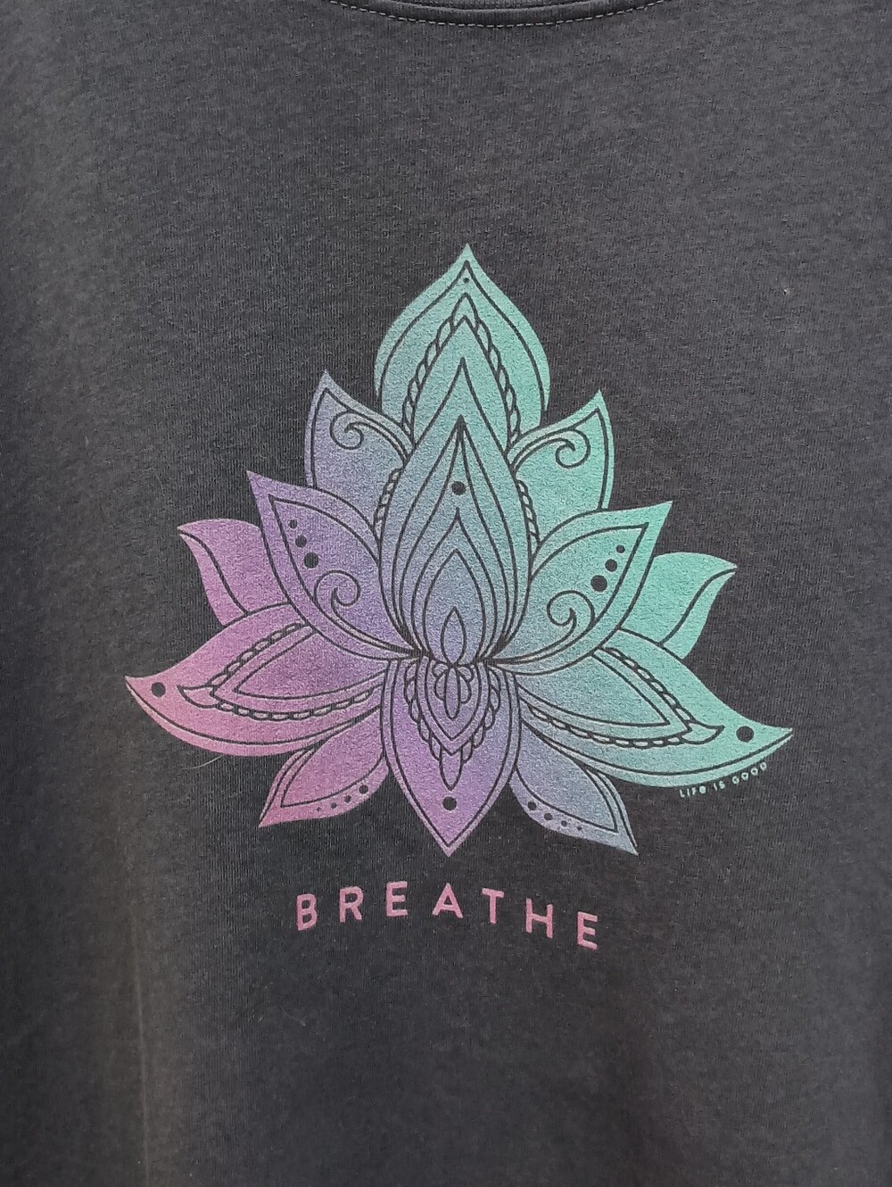 Women's XXL Life Is Good Crusher-Lite T-shirt Lotus Graphic w/ "Breathe" text. - Picture 2 of 5